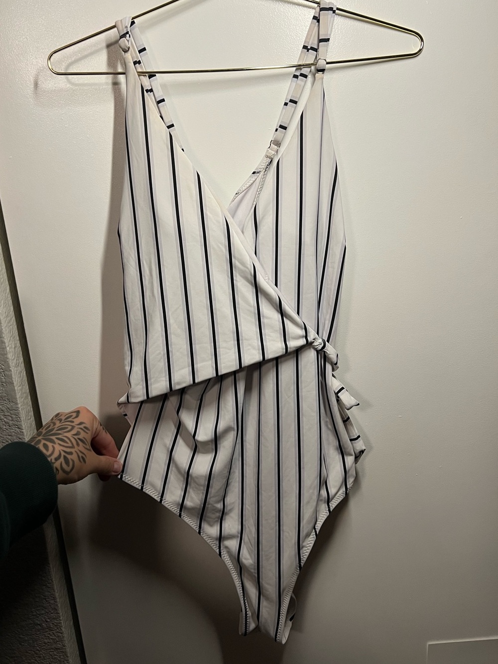 Striped Wrap-Style One-Piece Swimsuit - White with Navy Stripes